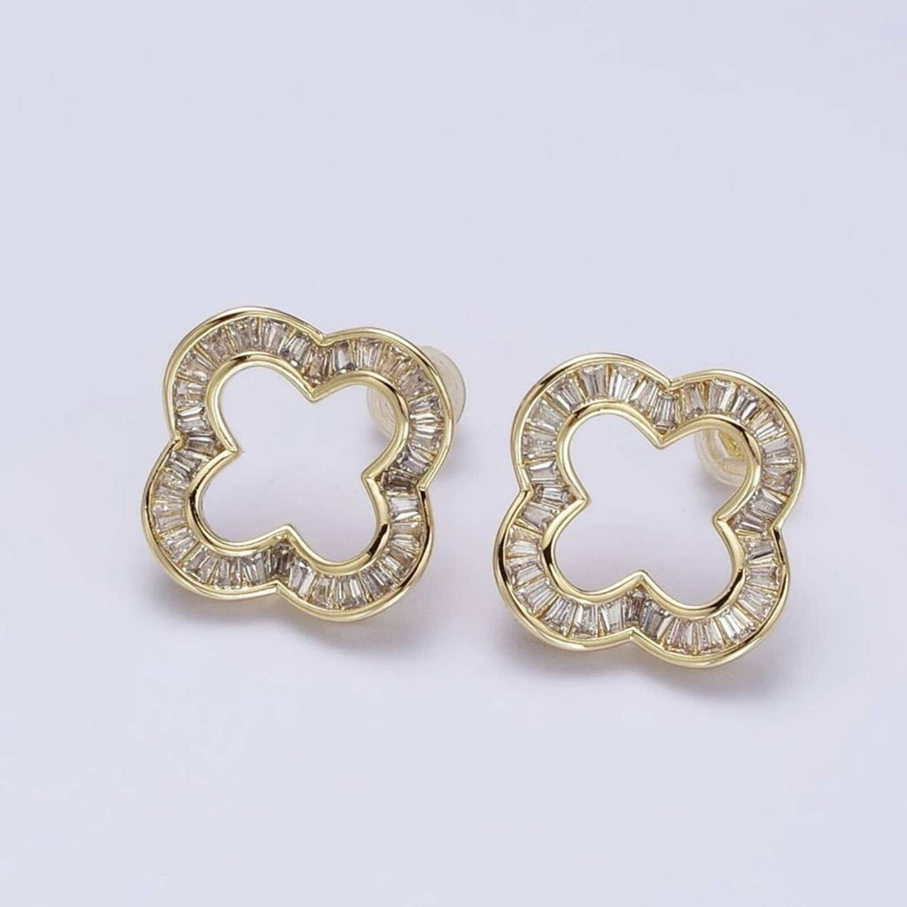16K Gold Filled Clear Baguette Open Quatrefoil Clover Stud Earrings in Gold Upcycled Gemz 