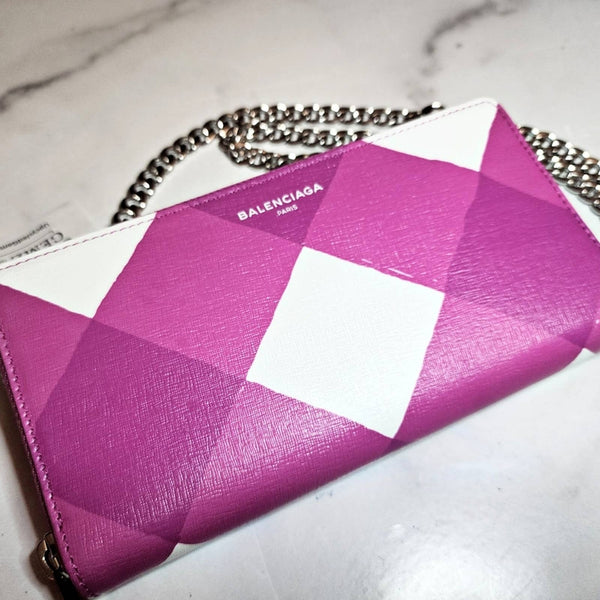 Authentic Balenciaga Pink/White Check Leather Zip Around Wallet on Chain Balenciaga 