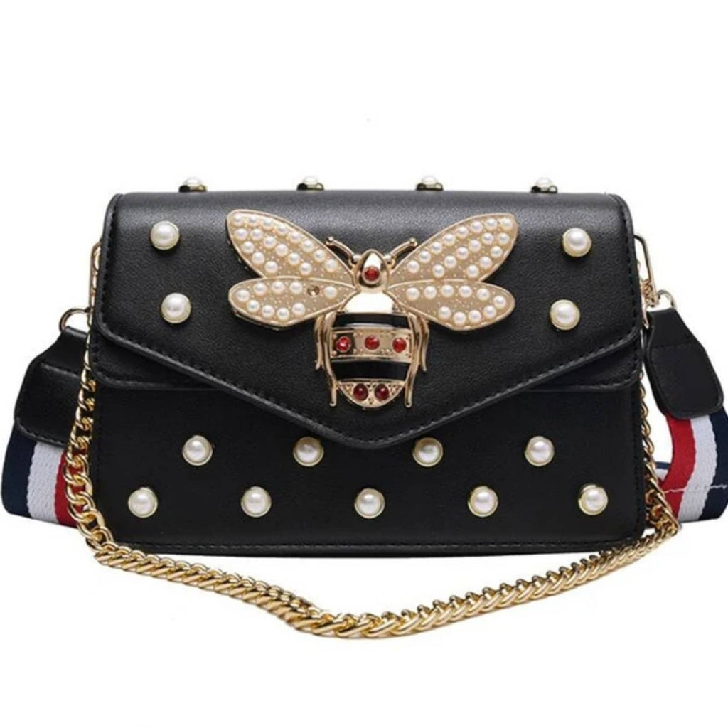 Inspired Bee Pearl Shoulder Bag w/Striped Strap & Gold Chain in Black Glam Girl Fashion 