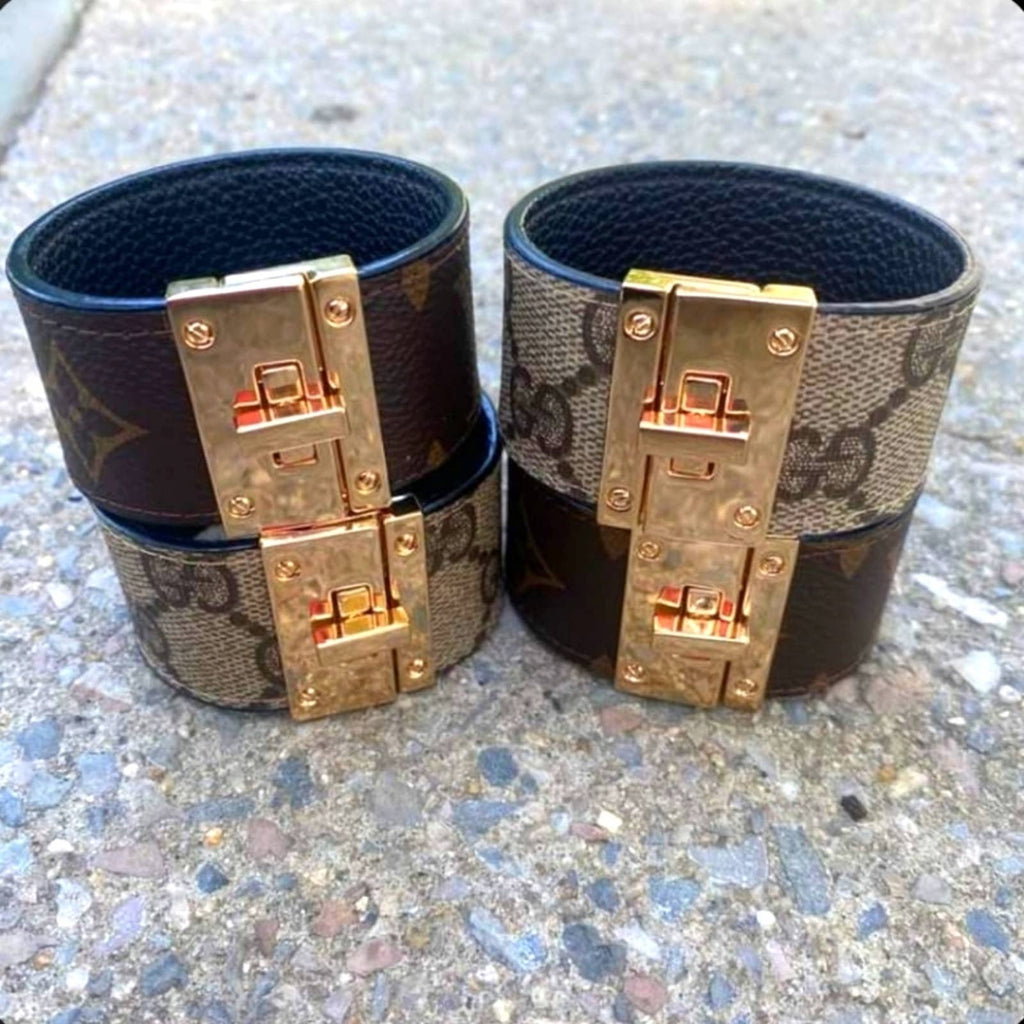 Wide Turnlock Cuff Made from Repurposed LV Monogram Canvas Upcycled Gemz 