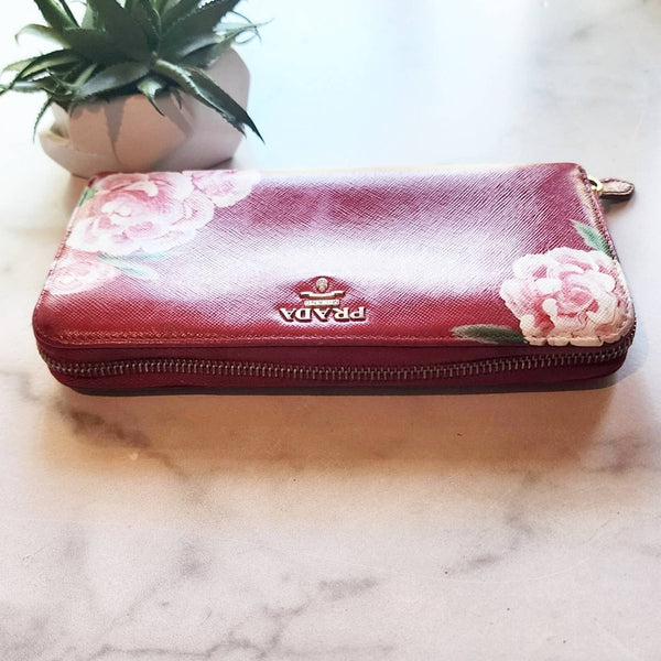 Authentic Designer Red Saffiano Zip Wallet with Handpainted Flower Details Upcycled Gemz 