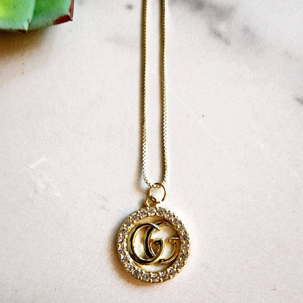 Designer Gold/Rhinestone Round Charm Finding Necklace Upcycled Gemz 