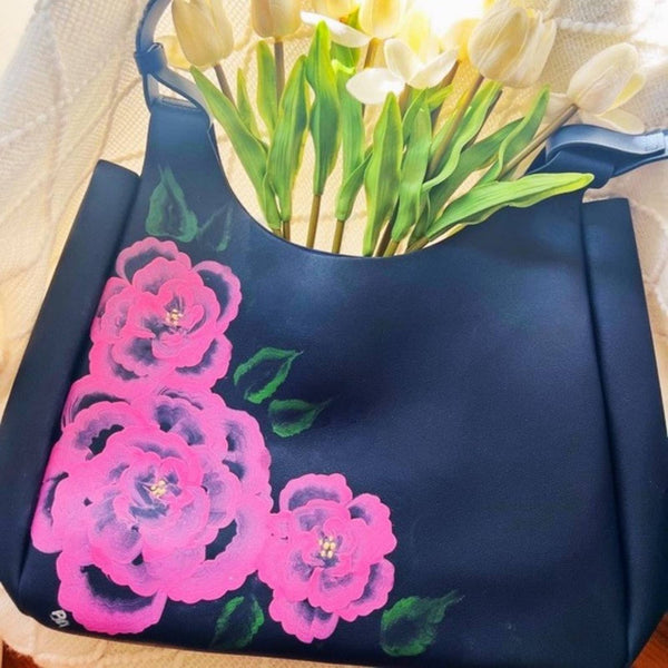 Neiman Marcus Navy Vegan Leather Tote Bag with Handpainted Pink Flowers Neiman Marcus 