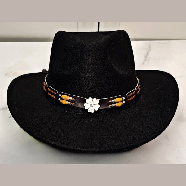 Black Premium Felt Cowboy Hat w/Removable Hat Band Adorned with Designer Button Hats Upcycled Gemz 