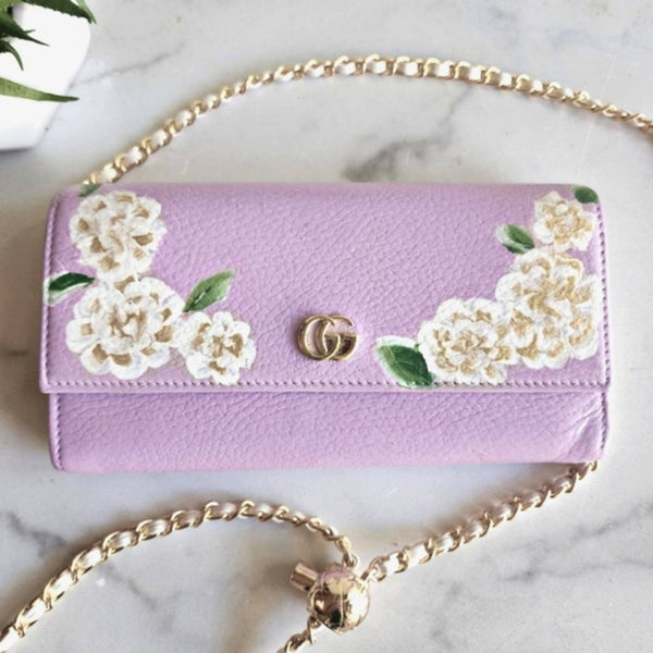 Authentic Pre-loved Gucci Lavender Long Front Flap Wallet on Chain, Handpainted Flowers Pre-loved Gucci 