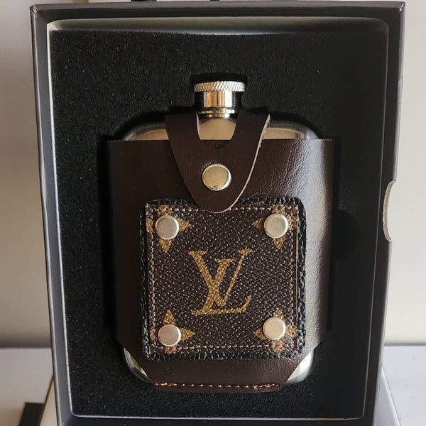 Stainless Steel Flask w/Leather Wrap Adorned w/LV Monogram Leather Patch Novelties Upcycled Gemz 