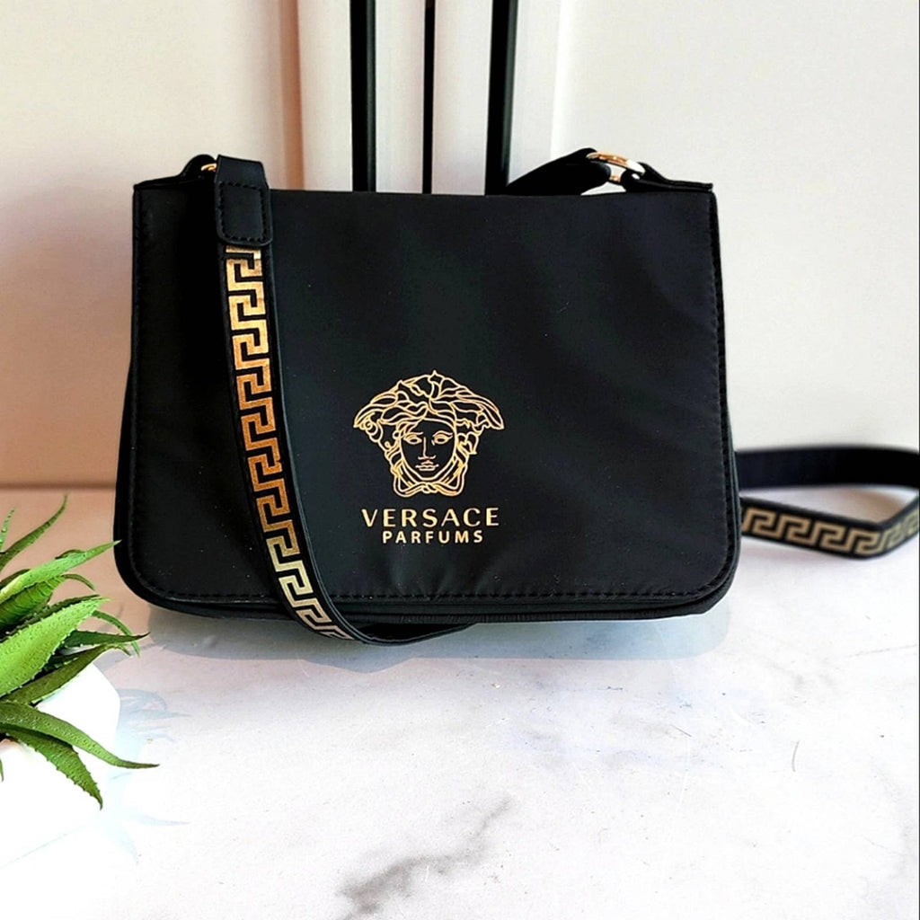 Authentic Designer Parfums Crossbody Bag in Black & Gold w/Signature Medusa Upcycled Gemz 