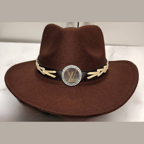 Brown Premium Felt Fedora Hat w/Removable Hat Band Adorned w/LV Canvas Medallion Hats Upcycled Gemz 