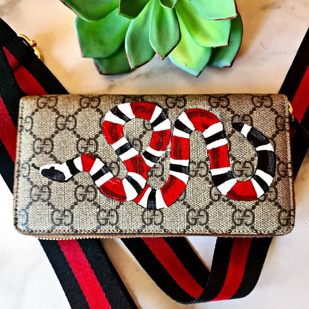 Authentic Handpainted Designer "Snake" Zip Around GG Coated Canvas Wallet Upcycled Gemz 