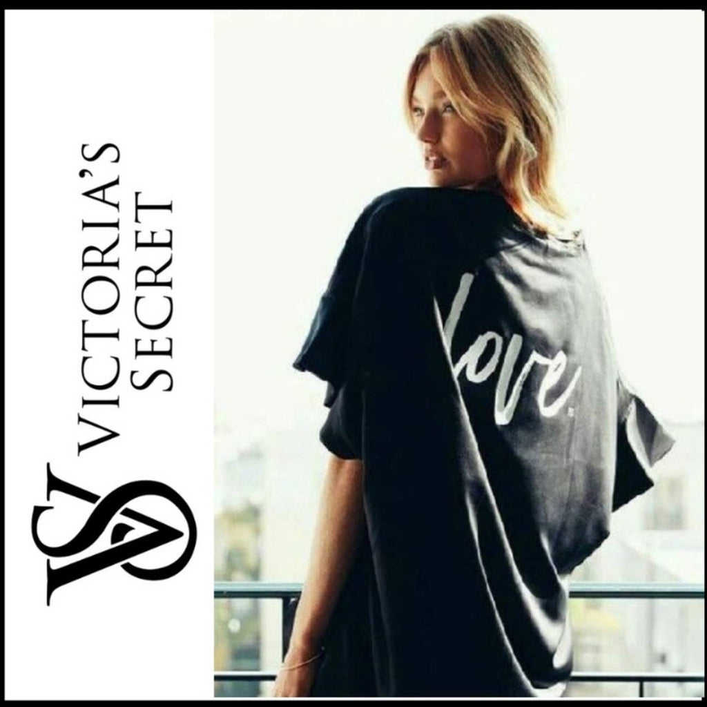 NWT VICTORIA'S SECRET Kimono "Love" Robe in Black Satin Victoria's Secret 