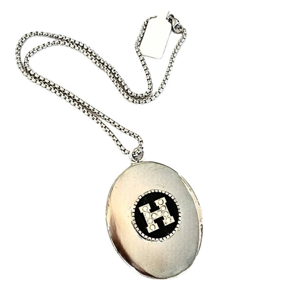Large Silver Tone Oval Locket Adorned with Hermes Blk/Rhinestone Designer Button Upcycled Gemz 