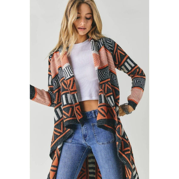 NWT Charcoal & Rust Aztec Print Boho Tassel Assymetrical Sweater, Large Upcycled Designer Gemz 