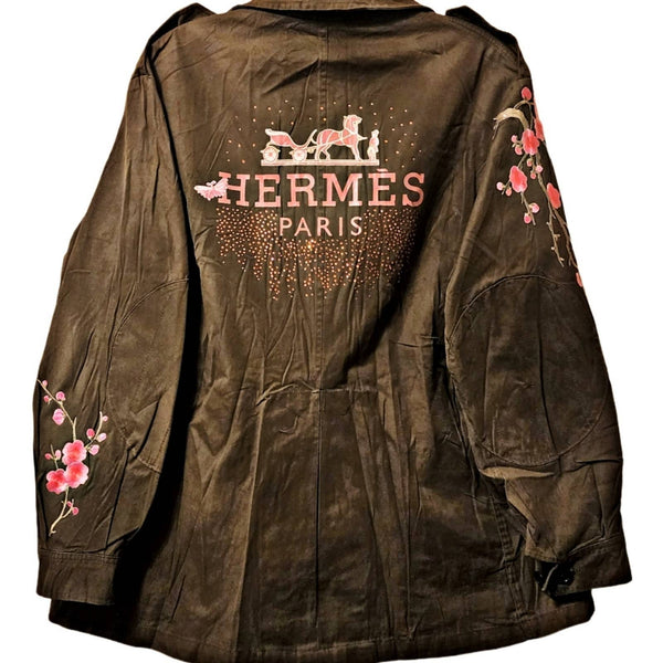 Vintage Military Jacket w/ Hermes Sparkle Motif in Pink Upcycled Gemz 