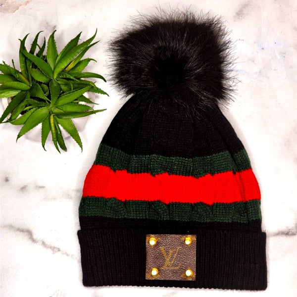 Black Red and Green Striped Fleece Lined Pom Beanie w/LV Monogram Canvas Patch Hat Upcycled Gemz 