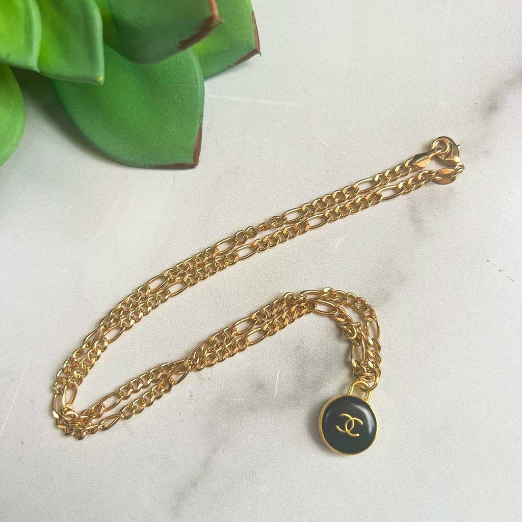 Authentic Black & Gold Designer Charm Finding on 24K Gold Filled Figaro Chain Upcycled Gemz 