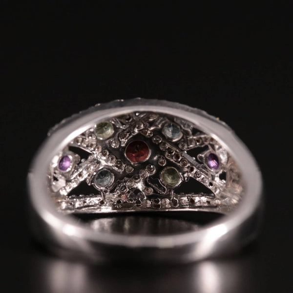 Sterling Silver Openwork Ring with Garnet, Blue Topaz, and Diamond Stones, Sz 7 Upcycled Gemz 