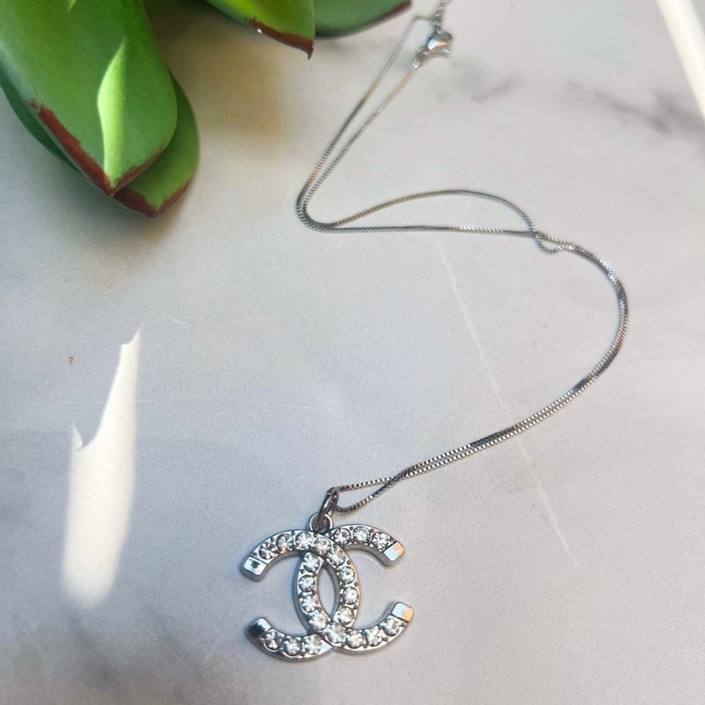 Authentic Designer Silver Rhinestone Charm on Silver Chain Upcycled Gemz 