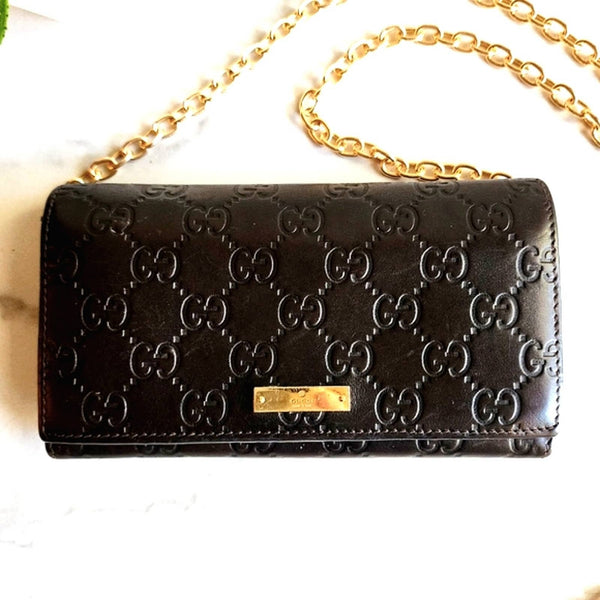 Authentic Gucci Flap Wallet in Black/Dk Brown Guccissima Leather Wallet on Chain Gucci 