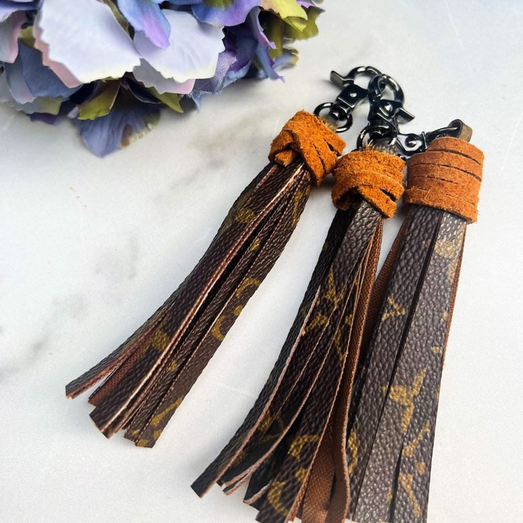 Leather Wrapped Upcycled Designer Monogram Canvas Tassel Keychain/Bag Charm Upcycled Gemz 
