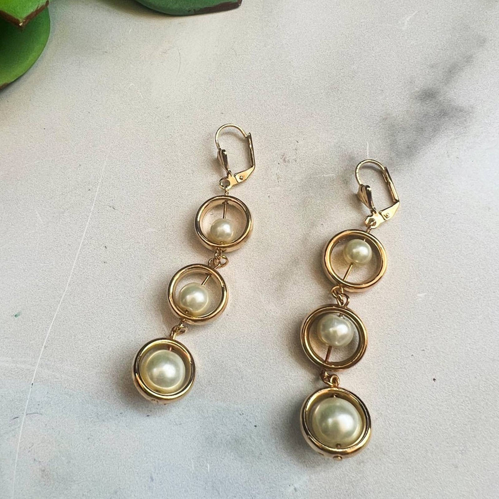 18k Gold Filled Simulated Pearl Ball Dangle Drop Earrings Upcycled Gemz 