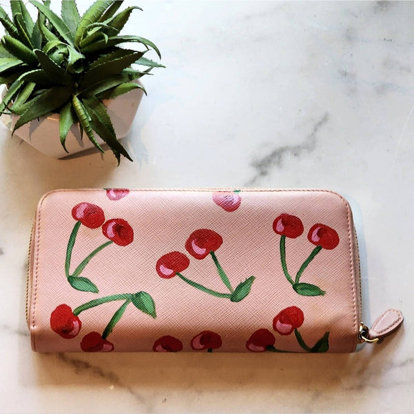 Authentic Designer Blush Saffiano Zip Wallet with Handpainted Cherries Details Upcycled Gemz 
