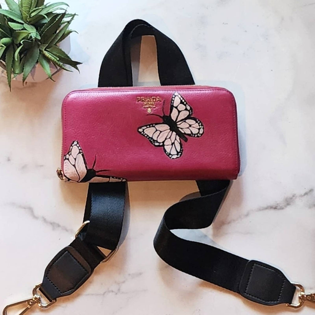 Authentic Designer Pink Saffiano Zip Wallet with Handpainted Butterfly Details Upcycled Gemz 