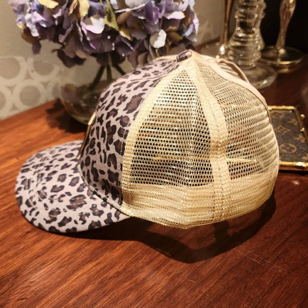 Upcycled Authentic LV Leather Patch Leopard Print Ponytail Cap Glam Girl Fashion 
