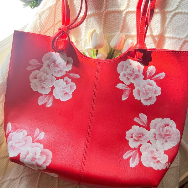 NWOT Neiman Marcus Vegan Lesther Red Tote Bag w/Handpainted White Flowers Neiman Marcus 