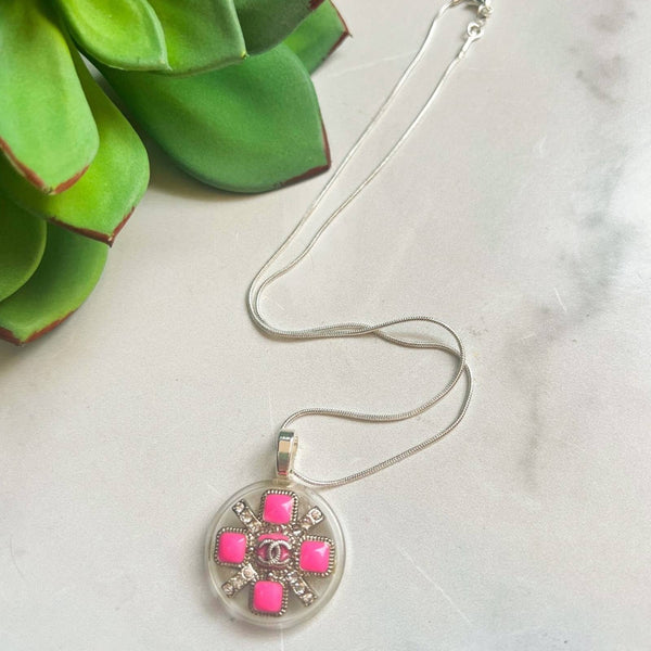 Authentic Silver and Pink Designer Button Pendant on Sterling Silver Chain Upcycled Gemz 