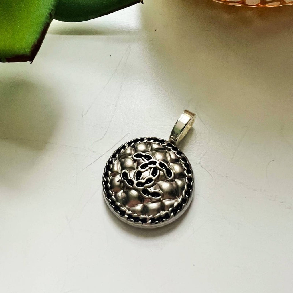 Authentic Silver/Black Quilted Button Reimagined as a Pendant Upcycled Gemz 