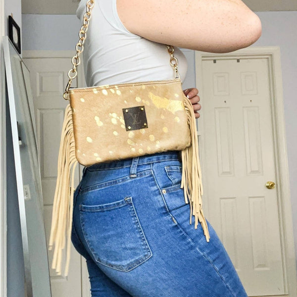 Upcycled LV Monogram Patch Beige and Gold Fringe Bag with Gold Chain Upcycled Gemz 