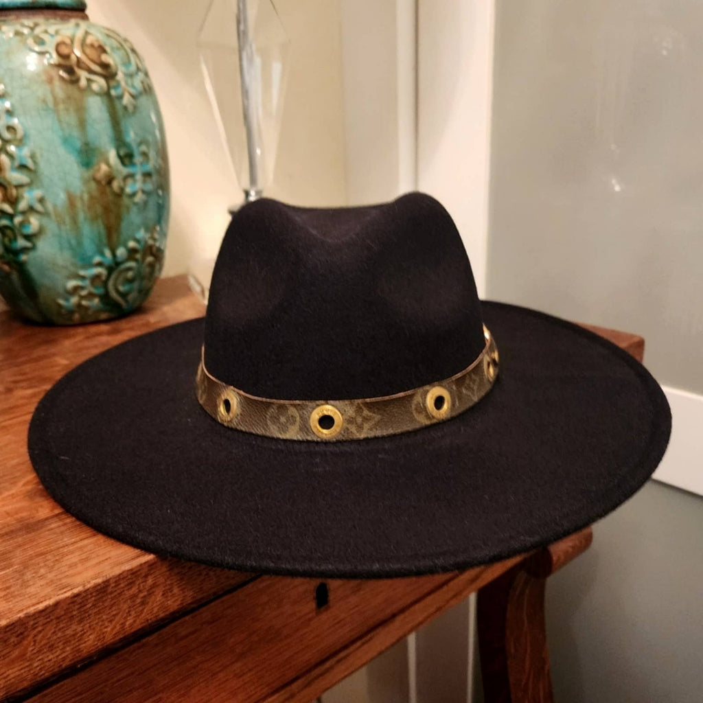 Wide Brim Black Hat w/Attached Hat Band Made From LV Noe Grommets and Handle Upcycled Gemz 