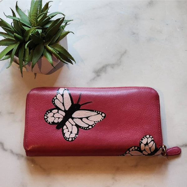Authentic Designer Pink Saffiano Zip Wallet with Handpainted Butterfly Details Upcycled Gemz 