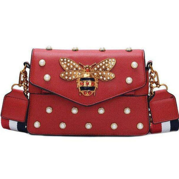 Inspired Bee Pearl Shoulder Bag w/Striped Strap & Gold Chain in Red Glam Girl Fashion 