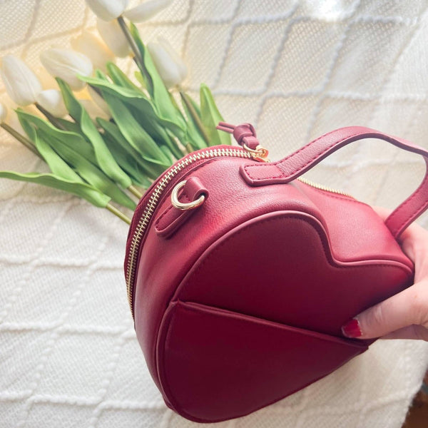 Red Heart Shaped Vegan Leather Crossbody Bag with Hand-Painted Hearts Upcycled Designer Gemz 