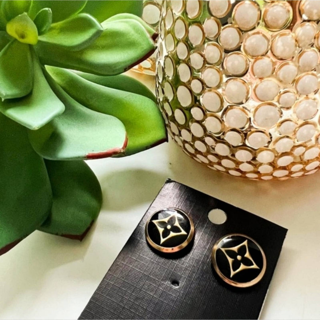 Authentic LV Button Earrings in Black and Gold with LV Flower Upcycled Gemz 