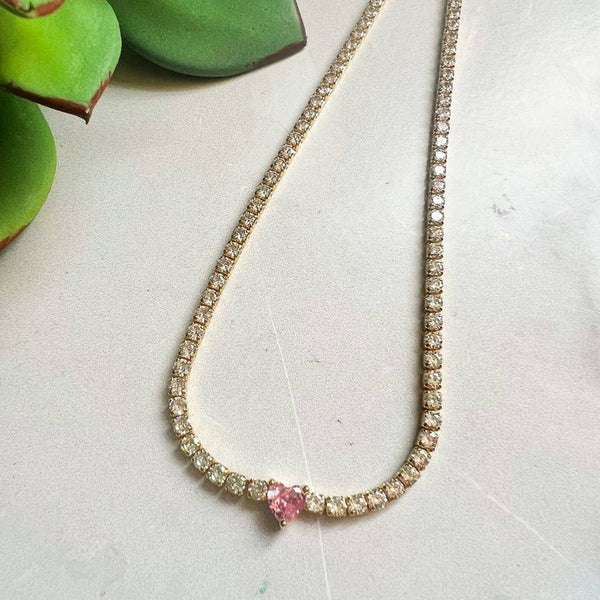 24K Gold Filled Pink Clear CZ Heart Valentine Tennis Chain Adj Choker Necklace Upcycled Gemz 