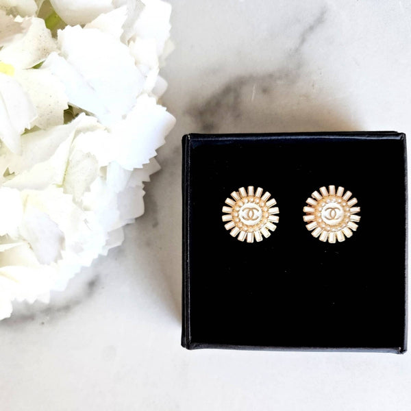 Repurposed Designer Button Earrings, White and Gold Starburst Upcycled Gemz 