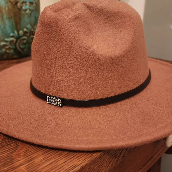 Wide Brim Tan Fedora w/Removable Hat Band Adorned Designer Emblem Finding Upcycled Gemz 