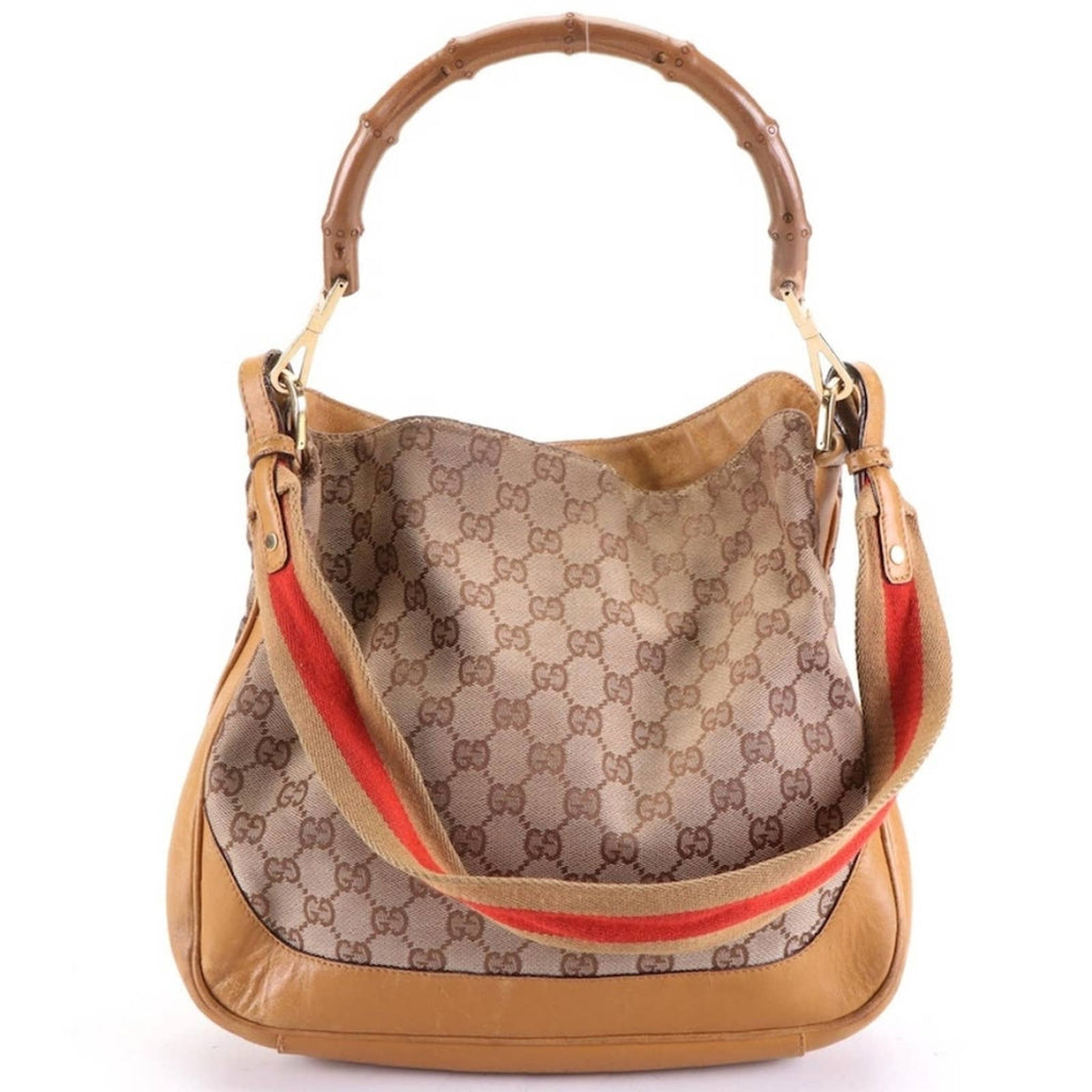 Auth GG Two-Way Bamboo Handle Diana Bag in GG Canvas and Leather Trim Gucci 
