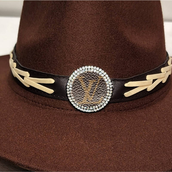 Brown Premium Felt Fedora Hat w/Removable Hat Band Adorned w/LV Canvas Medallion Hats Upcycled Gemz 