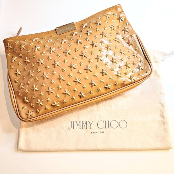 JIMMY CHOO Star Studded Tan Patent Leather Zip Clutch Pouch with Gold Lo… Jimmy Choo 