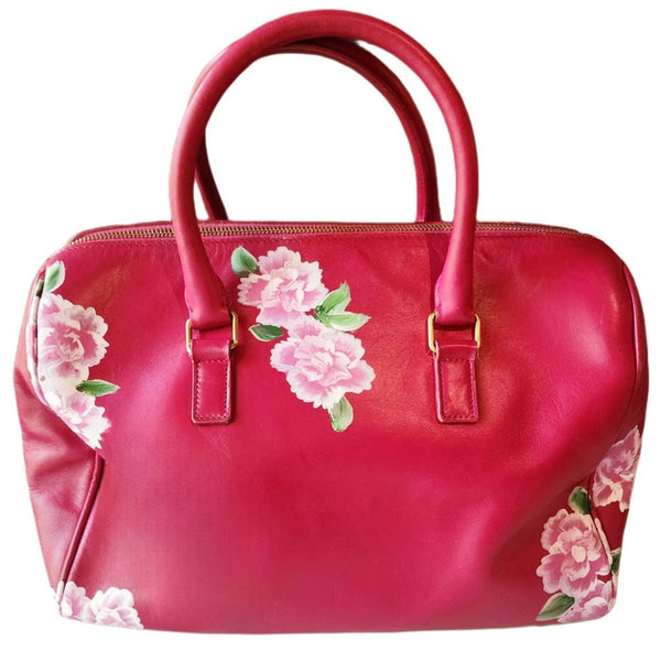 Authentic YSL Classic Baby Duffle in Red Leather w/Handpainted Flowers Upcycled Gemz 