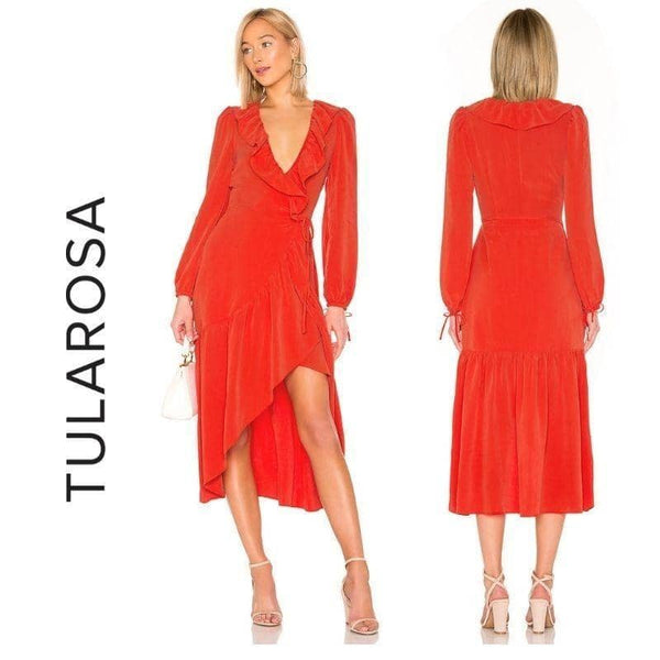 TULAROSA Stevie Red Wrap Midi Dress in Red Dresses Tularosa 