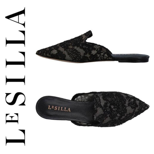 LE SILLA Black Lace Slip-On Flat Mule Shoes Shoes Le Silla 