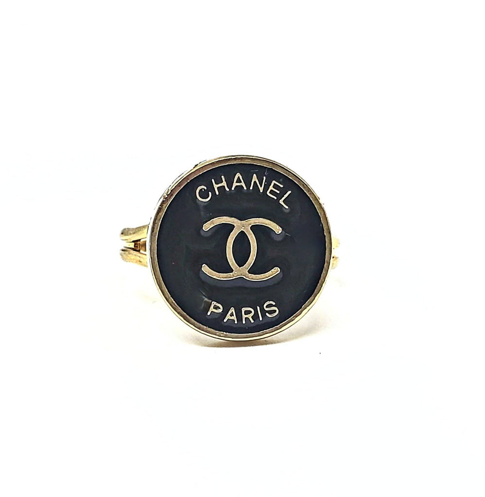 Upcycled Chanel Paris Black or White Adjustable Ring Ring Glam Girl Fashion 