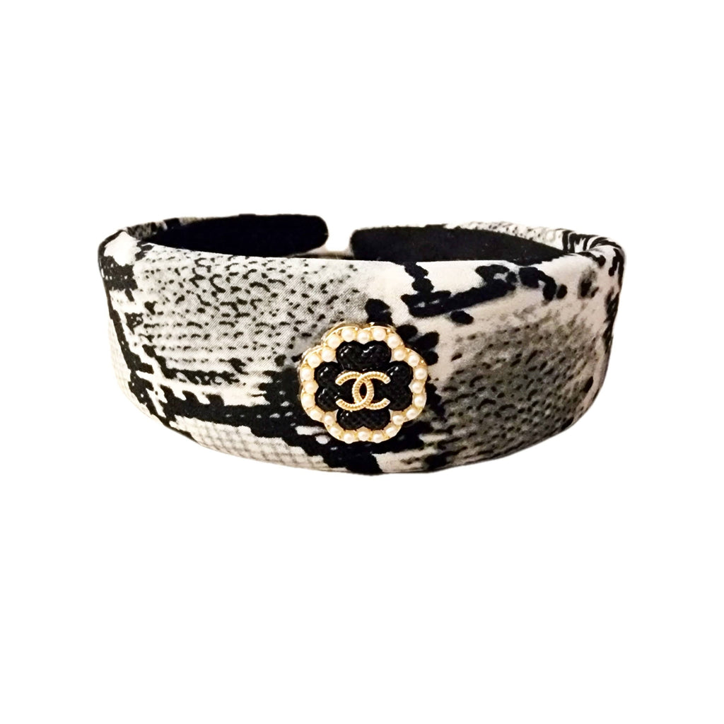 Upcycled Chanel Clover Button Snakeskin Print Headband Hair Accessories Glam Girl Fashion 