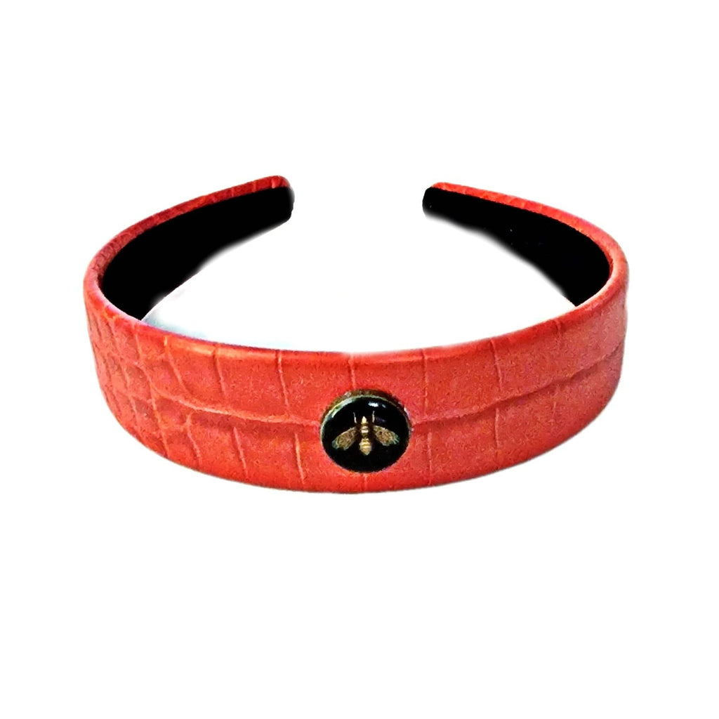 Upcycled Gucci Bee Button Vegan Leather Croc Embellished Red Headband Hair Accessories Glam Girl Fashion 