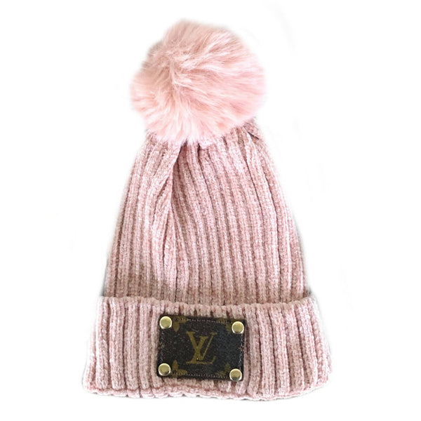 Upcycled Louis Vuitton Leather Patch Beanies Hats Glam Girl Fashion Pink 