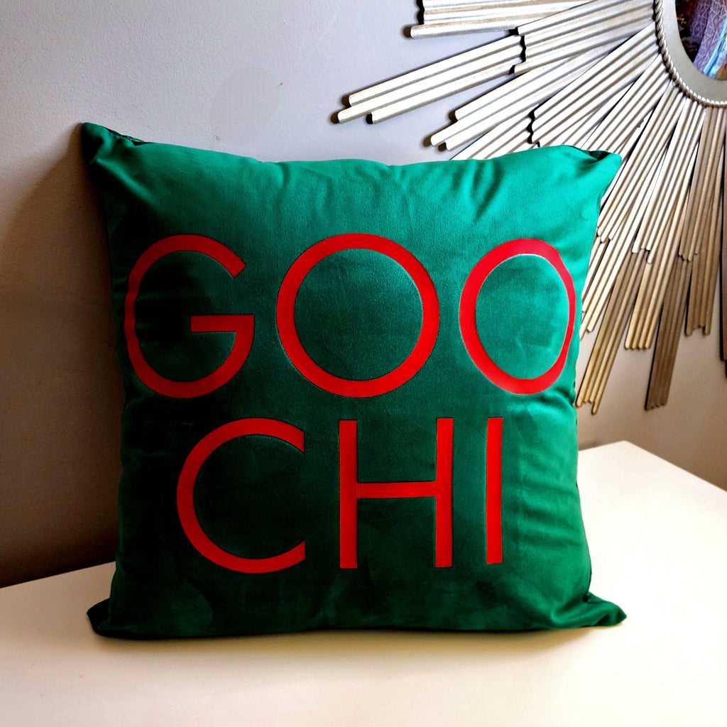 "GOO CHI" Square Knife Edge Green Velvet 18" Square Pillow Cover w/Red Letters Pillow Cover Upcycled Gemz 